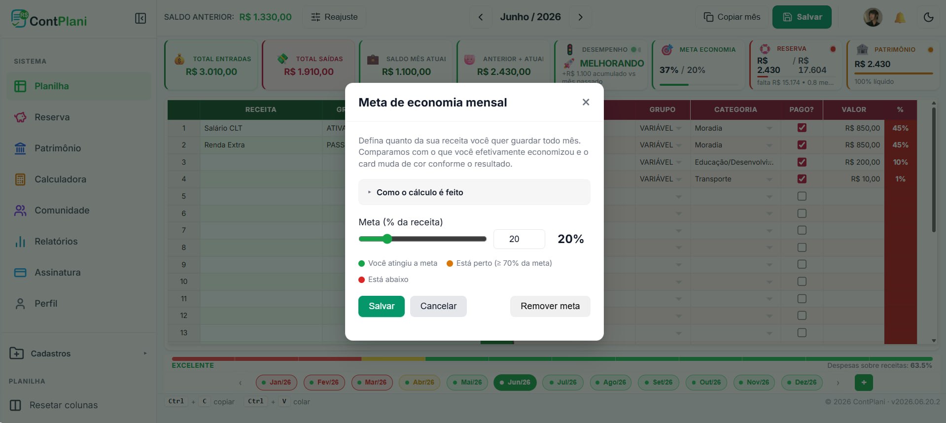 Definição e acompanhamento da meta de economia do mês