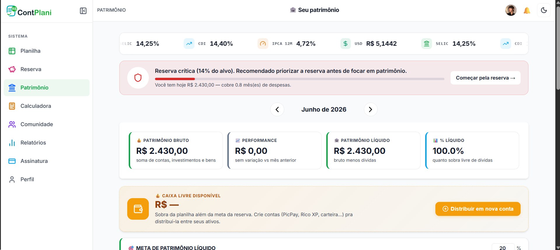 Resumo do patrimônio bruto, líquido e variação mensal